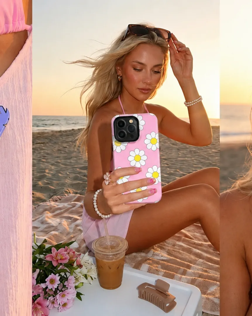 Cute designer phone cases at the beach at sunset — purple star, pink daisy and pink checkerboard iPhone cases styled in pastel summer aesthetic by Miarobi