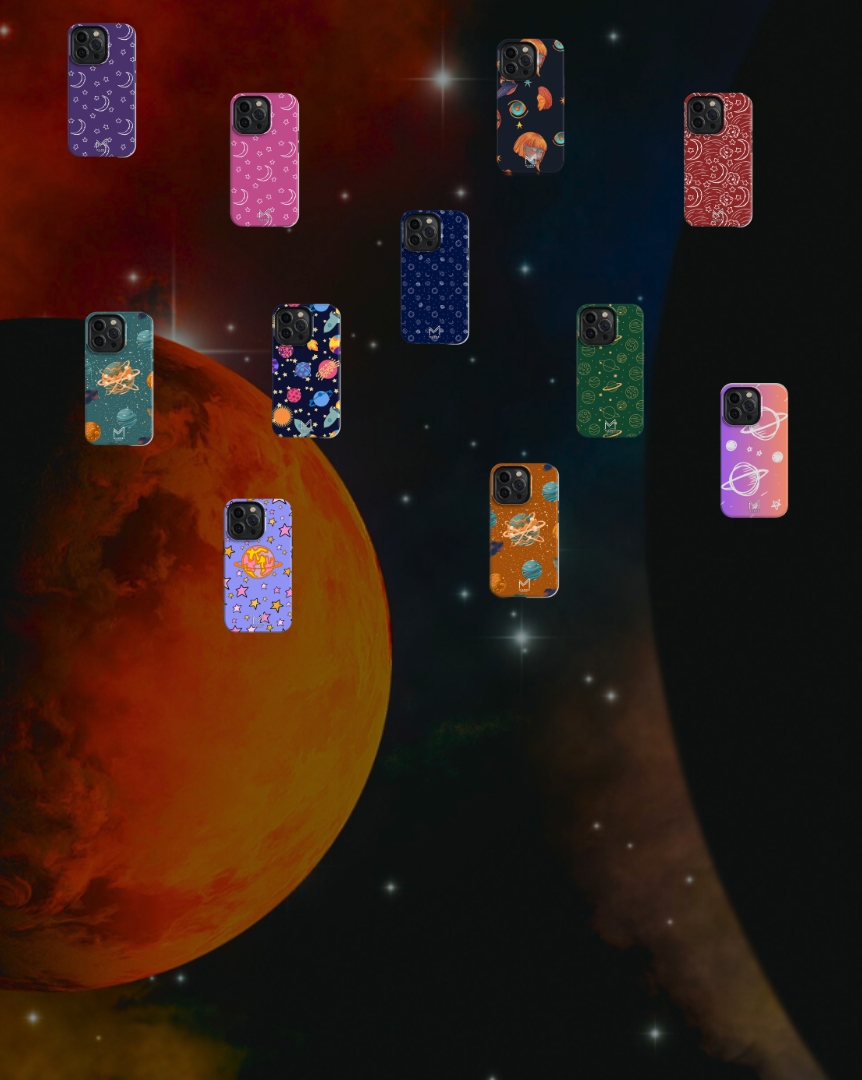 Miarobi Cosmos Edition designer phone cases collection — drop-tested iPhone 15, iPhone 14, iPhone 13 and Samsung Galaxy cases with aesthetic space-themed prints including pink moon, navy galaxy, orange planets and cherry blossom designs