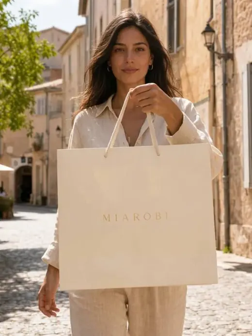 Woman carrying a cream Miarobi-branded paper gift bag on a sunlit Lisbon street