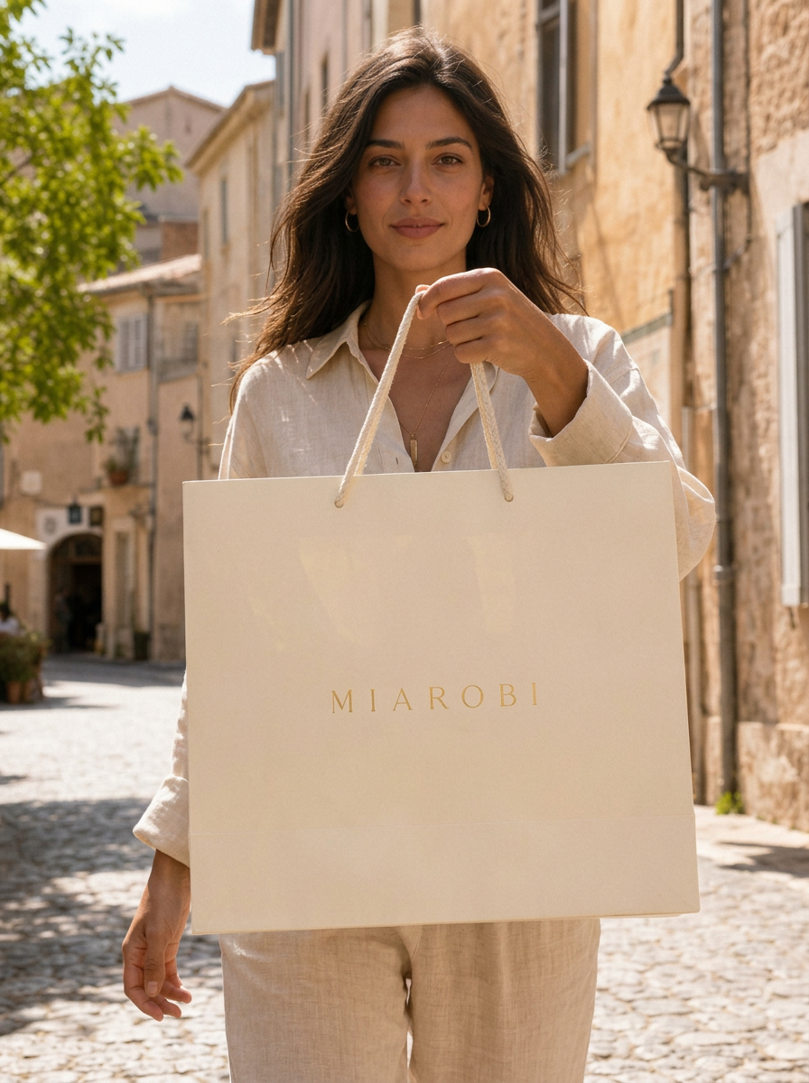 Woman carrying a cream Miarobi-branded paper gift bag on a sunlit Lisbon street