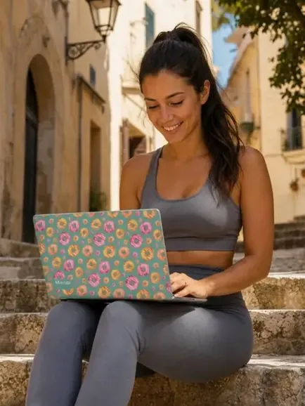 Pink floral MacBook hard case on a minimal desk with matcha — Miarobi