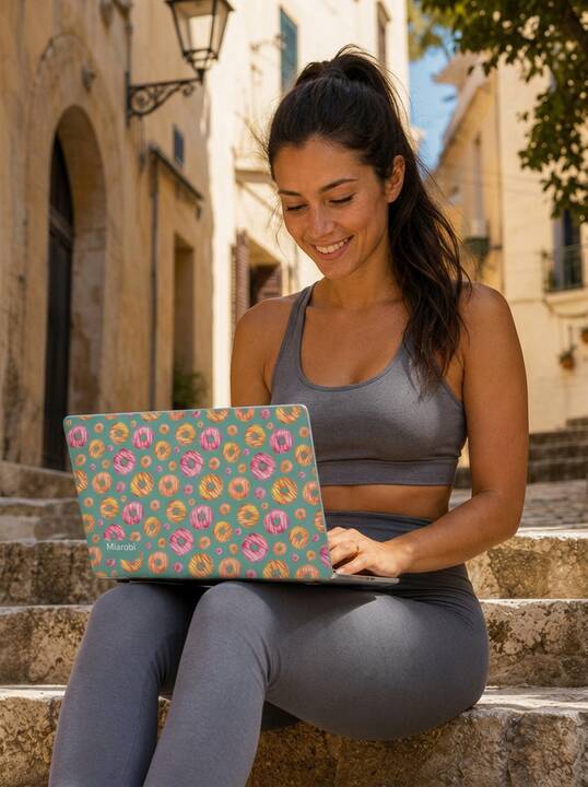 Pink floral MacBook hard case on a minimal desk with matcha — Miarobi