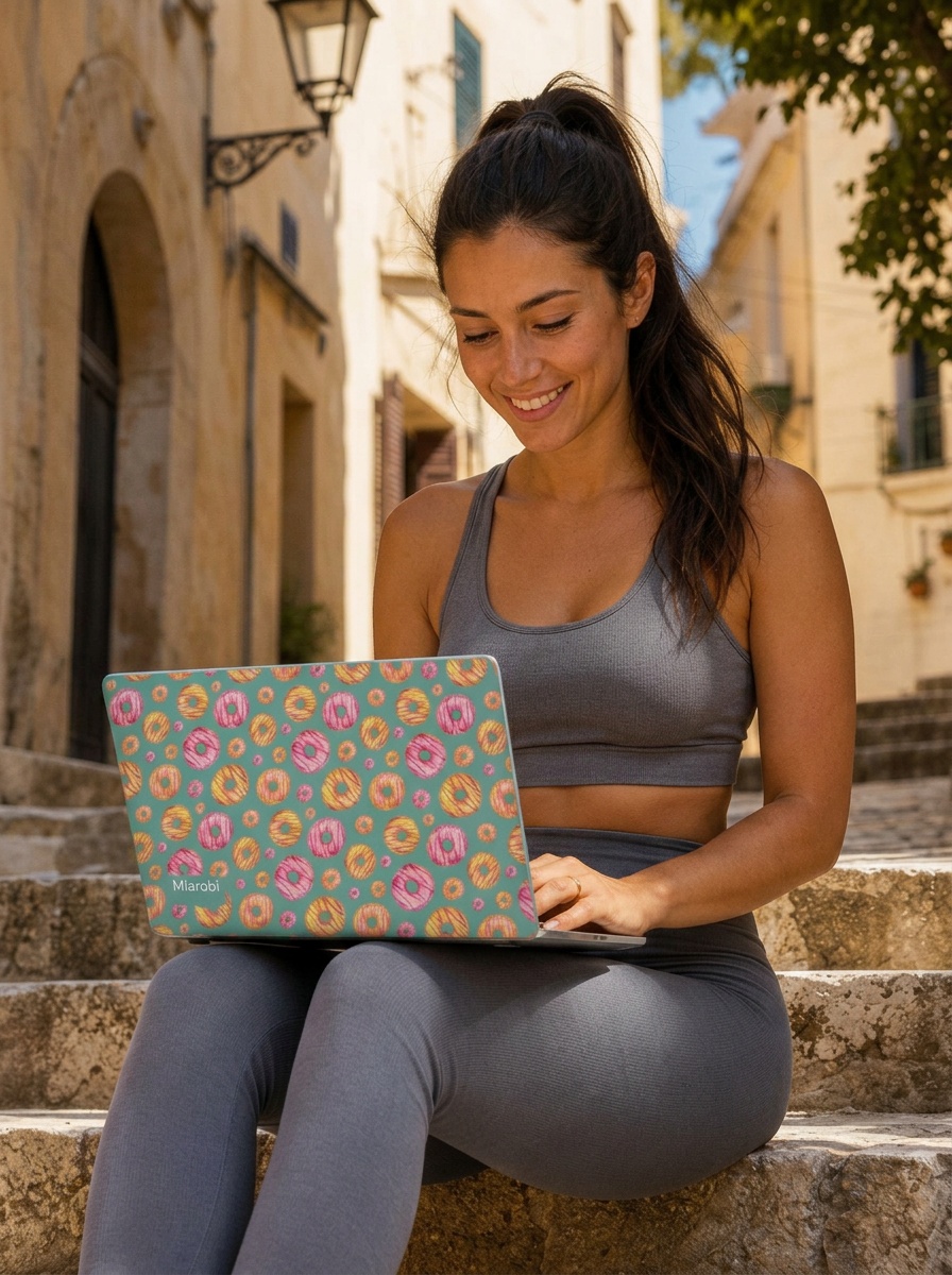 Pink floral MacBook hard case on a minimal desk with matcha — Miarobi