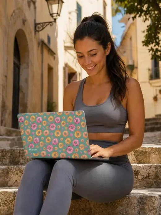 Pink floral MacBook hard case on a minimal desk with matcha — Miarobi
