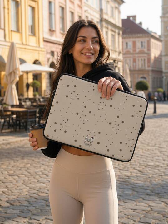 Woman in beige activewear holding a floral MacBook sleeve with matcha — Miarobi