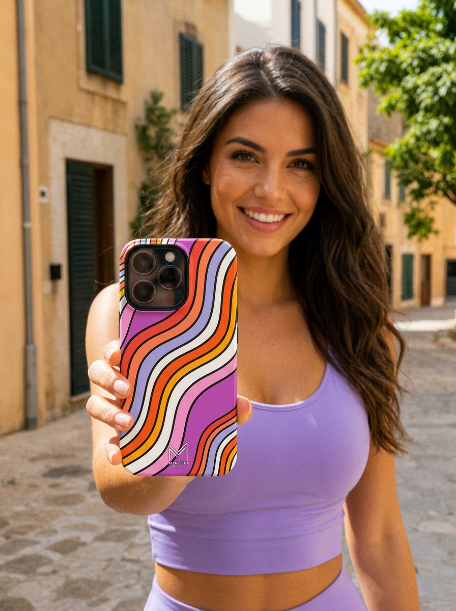 Designer floral iPhone case on a pilates mat with matcha latte — Miarobi
