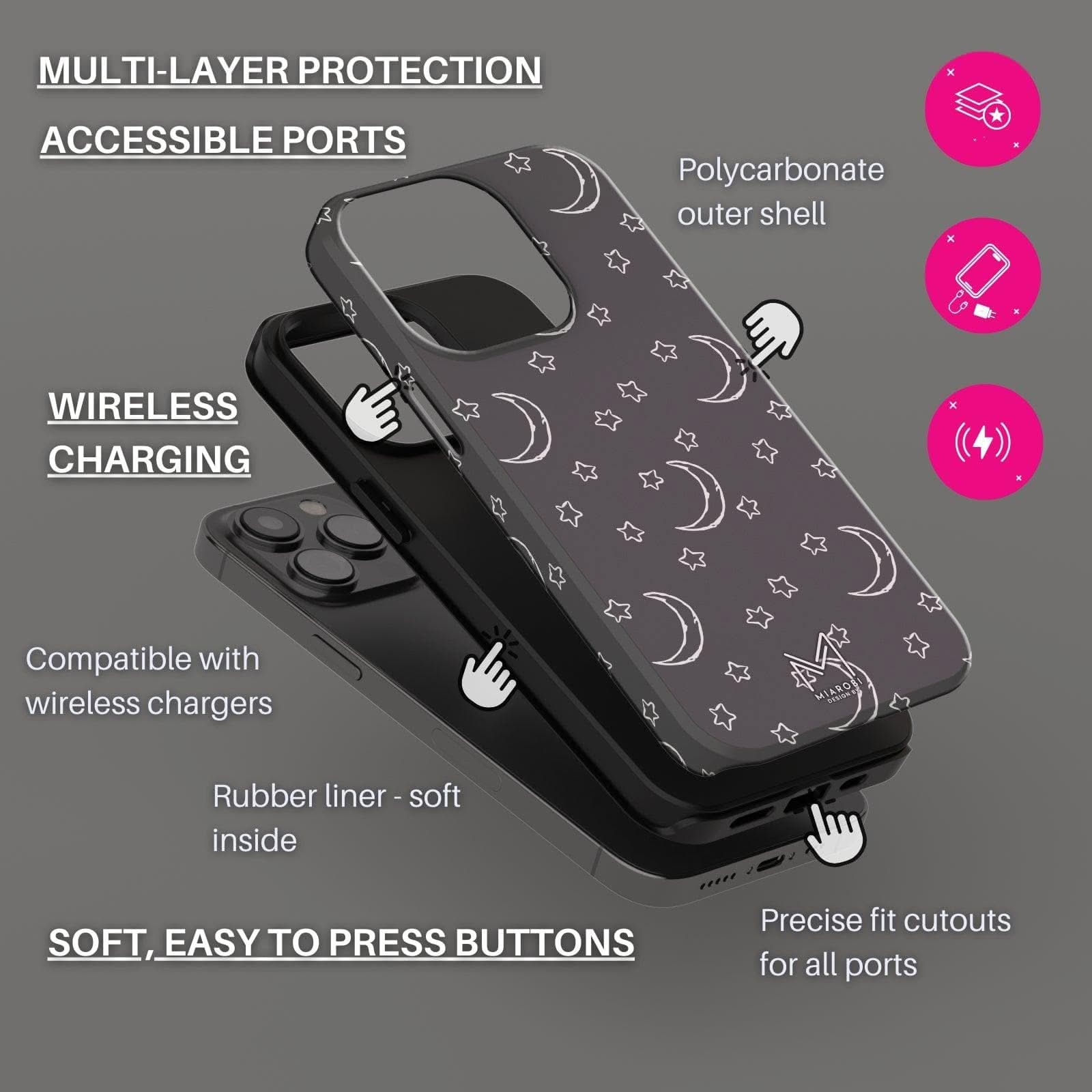 Moon & Stars (Gray) Phone Case - Miarobi Design By